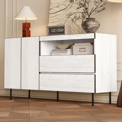 Produktbild von Merax Sideboard mit Doppeltüren und Doppelschubladen, Modernes Kommode Aufbewahrungsmöbel mit offenen Regalen, für Wohn- und Esszimmer, Weiß