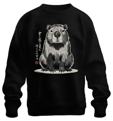 Productafbeelding van Capibara, Japanse stijl, Sumi-e (inkt-schilderkunst), waterschaap, Zen, sweatshirt, trui, zwart, maat S
