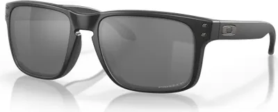 A pair of black Oakley Holbrook sunglasses with gray lenses, shown from a slightly elevated side angle on a white background.