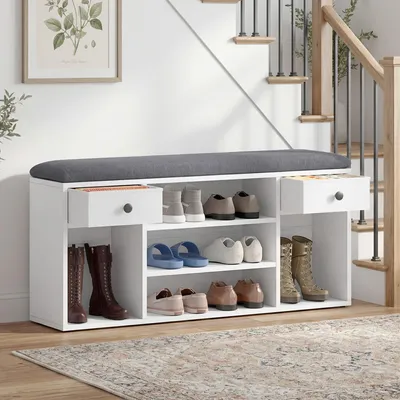 Produktbild von YITAHOME Schuhbank mit Sitzfläche, Sitzbank mit Stauraum, Schuhregal, 5 offene Fächer und 2 Stoff Schublade, 105x30x50cm, Weiß