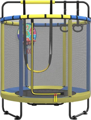 Image de Trampoline pour enfants, trampoline pour intérieur, avec panier de basket, balançoire, anneau de traction, adapté pour une utilisation intérieure et extérieure