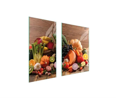 Produktbild von Herdabdeckplatten 2 teilig 75x52 Glaskeramikkochfeld Abdeckung Glas Schneidebrett Gemüse Holz