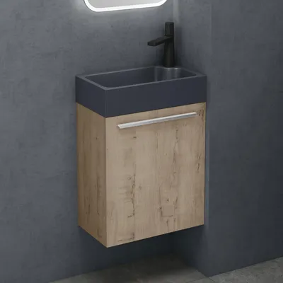 Immagine prodotto di doporro Mobile Bagno Sospeso 46 cm con lavabo in Marmoresina, Colore Rovere scuro, 1 Anta, Mobile Sottolavabo Moderno, Arredo Bagno Serie Pisa