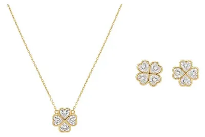 Produktbild von Set 925 sterling silber vergoldet halskette ohrstecker kleeblatt zirkonia damen