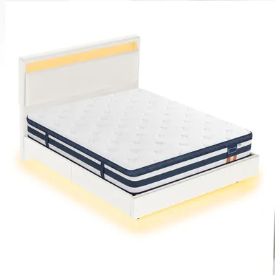 Produktbild von VASAGLE 7-Zonen Taschenfederkernmatratze und Schwebendes Bettgestell Set, mit LED und USB, 160 x 200 cm, Weiß und Blau