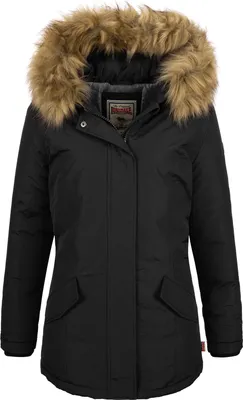A black winter jacket with a fur-lined hood.