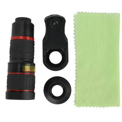 A set of smartphone camera lenses and accessories laid out on a white background.