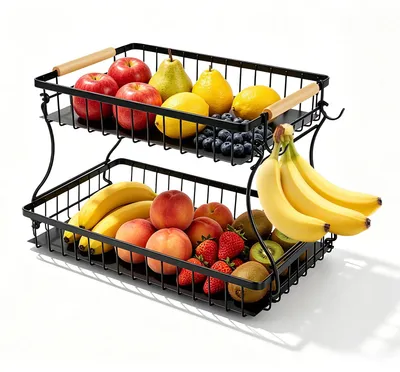 Image de Panier de rangement à 2 niveaux - Panier en métal - Panier à fruits et à pain - Réutilisable - Utilisation polyvalente - Idéal pour le plan de travail de la cuisine et la table à manger