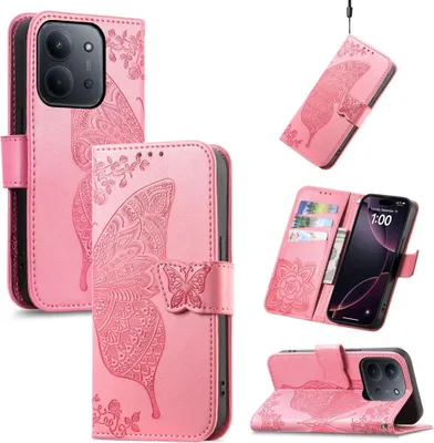 A collage of images showing a pink leather phone case with a butterfly and floral embossed design.