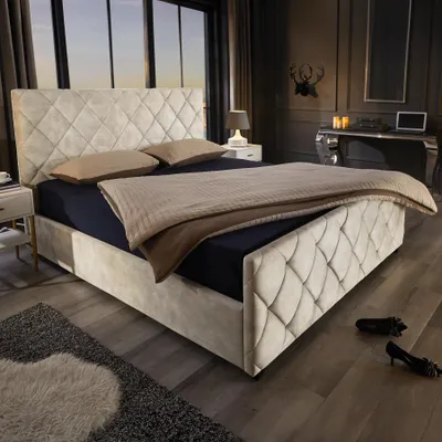 Produktbild von riess-ambiente Boxbett ELYSIUM 140x200cm champagner beige schwarz Samt Stauraum Lattenrost Polsterbett, KI-generiertes Bild