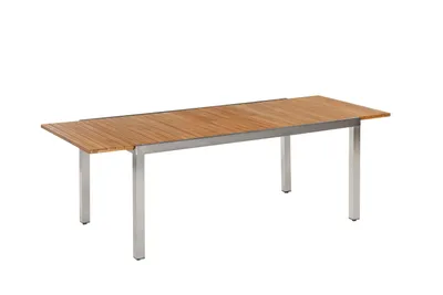 A table with a wooden top and metal legs on a white background.