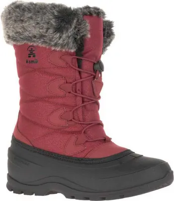 A single red winter boot with black sole and gray fur trim.