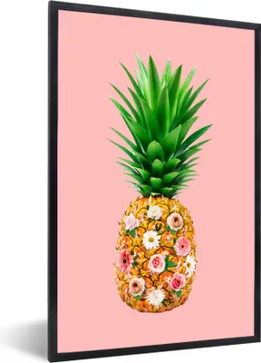 Produktbild von MuchoWow® Gerahmtes Poster Stilleben - Ananas - Blumen 40x60 cm - Poster mit Schwarzem Bilderrahmen Wandposter Rahmen Foto Bilder - Papierdruck - Wandbilder
