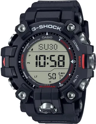A close-up, front-facing studio shot of a black Casio G-Shock Mudman watch against a white background.