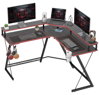 Productafbeelding van L-vormig computerbureau met stopcontacten, hoekbureau van 128 cm met monitorstandaard, hoofdtelefoonhaak en bekerhouder.
