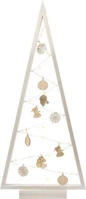 A white wooden Christmas tree frame decorated with LED lights and wooden ornaments.
