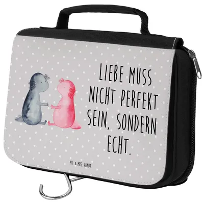Produktbild von Mr. & Mrs. Panda Kulturbeutel Axolotl Liebe - Grau Pastell - Geschenk, kosmetiktäschchen, Kosmetiktasche, beautycase, Kosmetikbeutel, Valentinstag, Paar, Kulturtasche