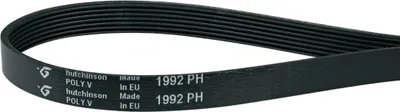A black serpentine belt with white text and logos printed on it, shown against a white background.