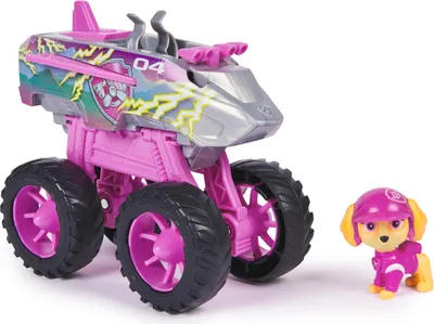 A pink and gray toy monster truck with lightning bolt decals and a small yellow dog figure wearing a pink helmet and jacket.