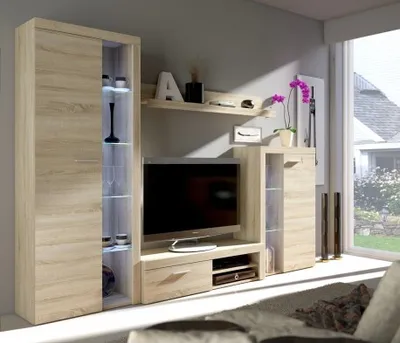 Produktbild von Wohnwand Wohnzimmer-Set Medienwand RUMBA eiche sonoma - Vitrine / Standschrank / TV Lowboard / Wandregal