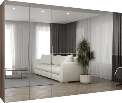 A living room scene reflected in mirrored wardrobe doors, showing a sofa, coffee table, and plant.