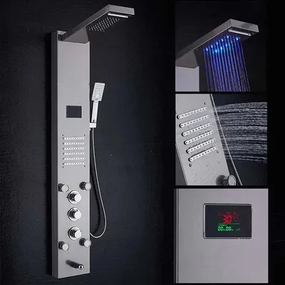Immagine prodotto di Pannello doccia LED - Colonna doccia 8004 - Doccia a pioggia e cascata - Getto massaggio corpo - Display digitale della temperatura - Acciaio inossidabile - Finitura nichel spazzolato