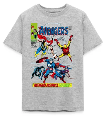 Produktbild von Spreadshirt Avengers Comic Superhelden Assemble Teenager T-Shirt, 134/146 (9-11 Jahre), Grau meliert