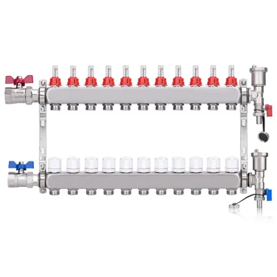 Produktbild von 11 Heizkreise | Heizkreisverteiler inkl. 1" Kugelhähne | Fußbodenheizung mit Entlüfter Flussmesser Durchflussmesser für Eurokonus 3/4 | 30x1,5 mm HKV