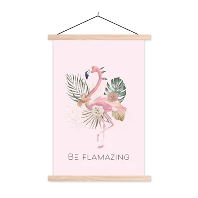 Produktbild von MuchoWow® Textilposter Flamingo - Blumen - Zitate 40x60 cm mit holzfarbenen Rahmen - Poster