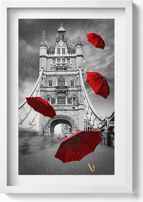 Produktbild von Rote Regenschirme auf der London Bridge– Wandbild mit Rahmen – Gerahmtes Bild  – Wanddekoration – 40x60 cm – Weiß