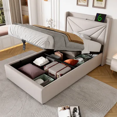 Produktbild von Flieks Polsterbett 90x200cm mit USB und Typ-C, Boxspringbett mit Lattenrost, Stauraumbett Jugendbett Einzelbett mit Stauraum, Leinen, Beige