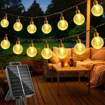 Obrázek produktu pro Solární světelný řetěz pro venkovní použití, 15 m, odolný LED řetěz, 8 režimů, křišťálové kuličky s paměťovou funkcí, na balkon a terasu