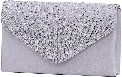 Image de 20 cm Femme Soirée en satin de mariée Diamant Femme Sac d'embrayage Prom enveloppe avec chaîne amovible Argent
