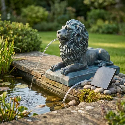 Produktbild von Löwe Solar Brunnen Wasserspeier solarbetrieben – Teichfigur mit Solarpumpe & Wasserspiel – Gartendeko aus Polyresin in Bronze-Optik 29×20x36,5 cm Solarteichfigur für Gartenteich & Wasserlauf