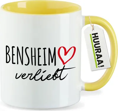 Produktbild von Huuraa Kaffeetasse Bensheim verliebt 330ml Gelb Keramik Kaffeebecher Geschenkidee