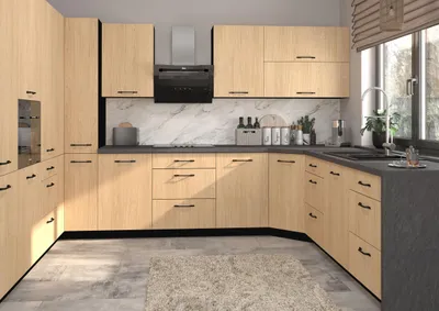 Produktbild von U-Form Küchenzeile CASELLA Einbauküche Holzoptik Farbe & Ausführung wählbar REJS Comfortbox Vollauszug Casella Eiche Natur hell schwarz