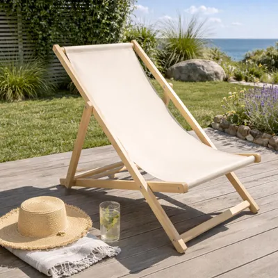 Produktbild von HAGO24 Strandliege Beige Sonnenliege Gartenliege Liegestuhl Klappstuhl Holz Kiefernholz Polyester 3fach verstellbar faltbar Balkon Terrasse 120kg