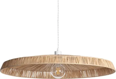 A pendant lamp made of natural fibers, suspended from a white cord against a white background.