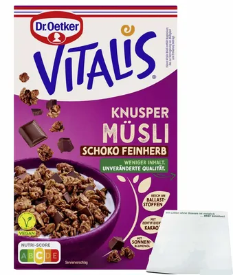 Produktbild von Dr. Oetker Vitalis Knusper Müsli Schoko Feinherb (400g Packung) + usy Block