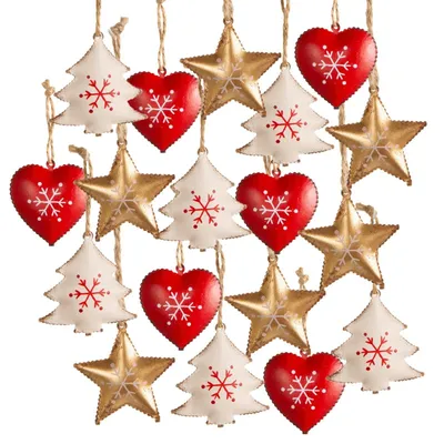 Produktbild von 18 Weihnachtsanhänger Herz Stern Baum - rot weiß gold aus Metall 4 cm