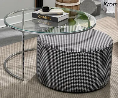 Produktbild von Wohnzimmer-Set Couchtisch Glas und Metall + gepolsterter Sitzhocker