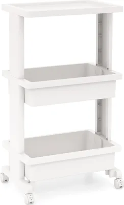 A white, three-tiered rolling cart with a flat top surface and two deep bins.