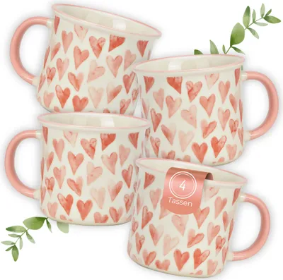 Produktbild von Kaffeetassen Herz-Design Rosa, Kaffeebecher 4er Set, 370 ml