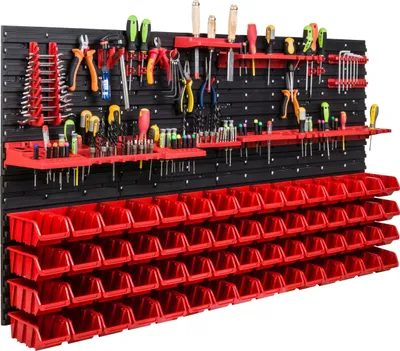 Image de Système de rangement Étagère d'atelier | 156 x 78 cm | 60 pièces Boîte | Étagère murale avec supports pour outils et boîtes empilables - Panneaux muraux Étagère à bacs extra-robuste Panneau perforé pour outils Étagère de rangement Étagère de garage