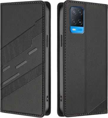 Image de Etui pour Oppo A54 4G/A54S/A55 5G/A16/A16S/A55S 5G/A53S 5G/A56 5G, étui portefeuille en cuirPolyuréthaneavec fente pour cartes et fonction stand Schwarz