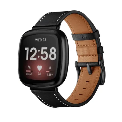 Produktbild von Strap-it Echtlederarmband mit Dornschließe – passend für Fitbit Versa 3 / Versa 4 / Fitbit Sense (1) / Sense 2 – schwarz