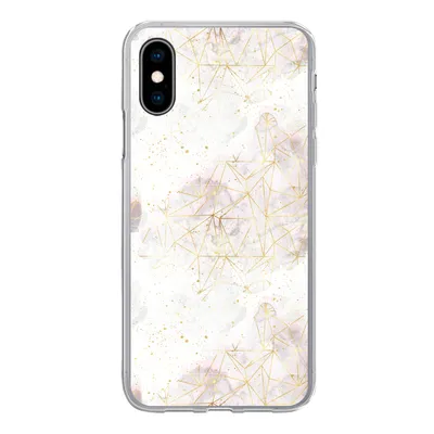 A clear, front-facing shot of a phone case with a marble and geometric gold pattern, displayed on a white background.