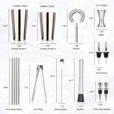 Immagine prodotto di Kit da bar domestico da 15 pezzi in acciaio 304 - Tutti gli accessori da bar: shaker, colino, misurino, pestello, tappo per bottiglie, stuzzicadenti, cucchiai, per la casa