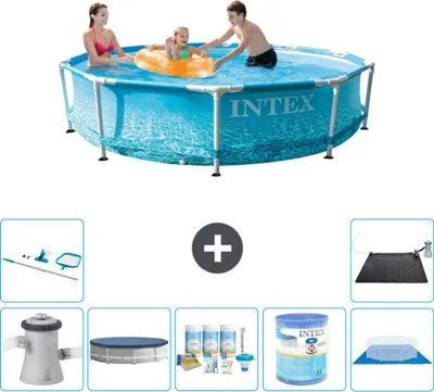 Produktbild von Intex Rundrahmen-Schwimmbecken – 305 x 76 cm – Wasserdruck – inklusive Pumpe Abdeckung - Wartungspaket - Filter - Bodenplane - Reinigungskit - Solarmatte