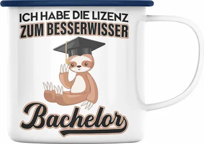 Produktbild von Trendation - Bachelor Geschenk Abschluss Emaille Tasse Spruch Master Abitur Abi Graduation Bestanden Prüfung Lizenz zum Besserwisser (Blau)
